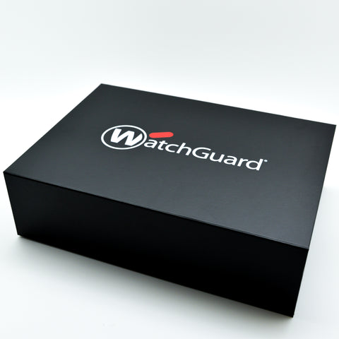 black custom paper bags printed with Watchguard logo