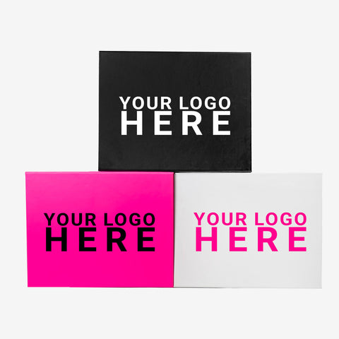 Three medium magnetic gift boxes with the words "your logo here" written on them. | NEON Packaging