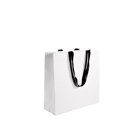 Premium white paper bag with woven handle from NEON Packaging